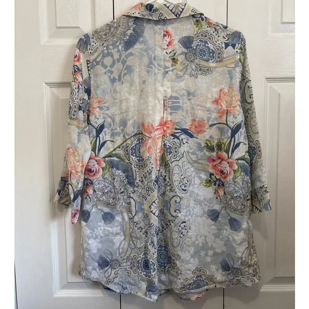 Chico’s No Iron 100% Linen Floral Paisley Button Up Top Size 0 / Small - Picture 5 of 8